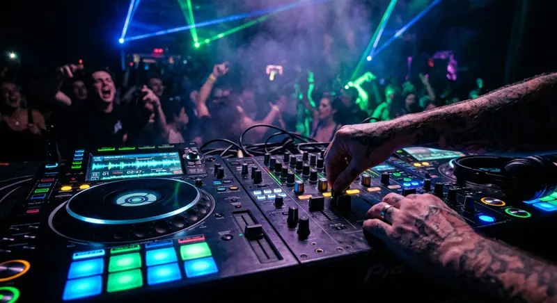 Close-up of DJ mixer with glowing pads