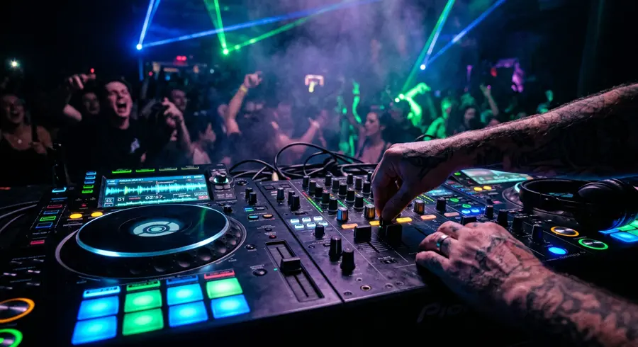 Banshee Entertainment DJ controller lit in blue and green